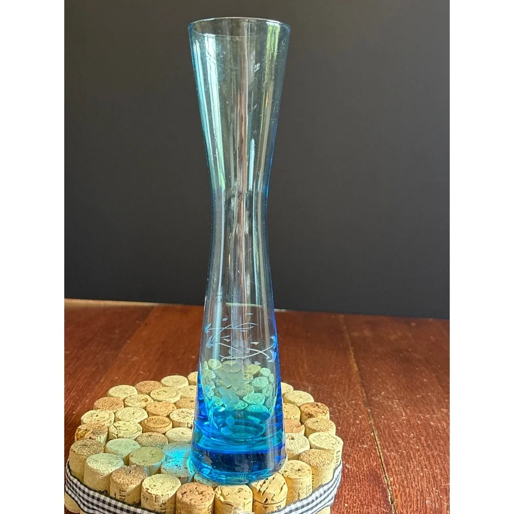 Vintage Blue Glass Bud Vase Etched Grape Vine Frosted 9.5